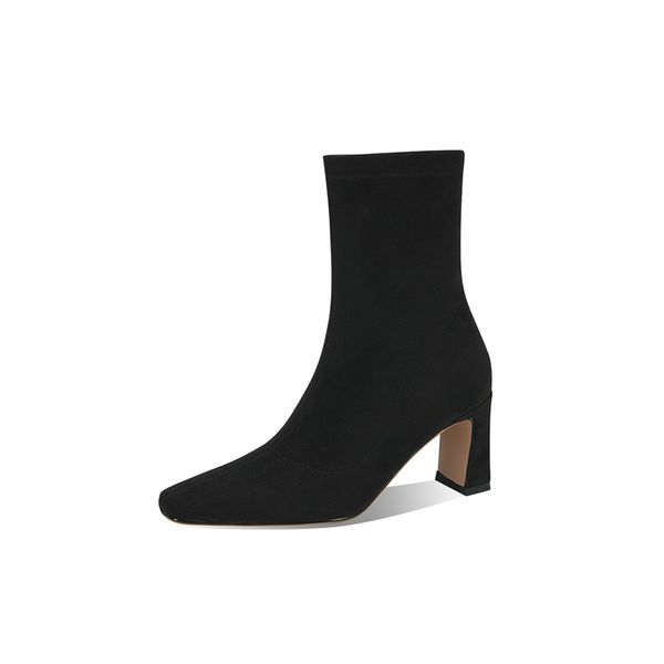 

winter slip-on ankle boots for women pointed toe black flock inner fur chunky high heels chelsea boots concise comfortable