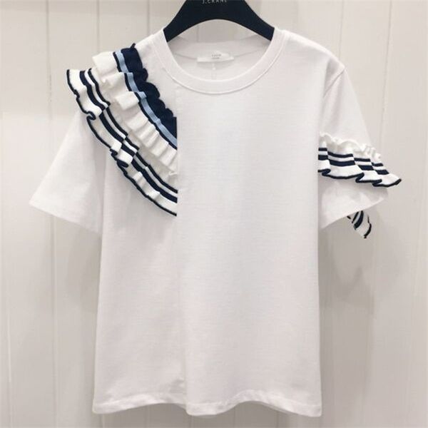 

summer chic stitching wooden ear round neck short-sleeved t-shirt women's casual wild t-shirt tide korean ruffles tees wa396 210330, White