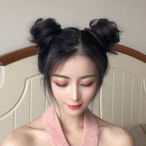 

double ball circle wig female flower bud head curler age reducing fluffy natural rubber band gripping false hair, Black