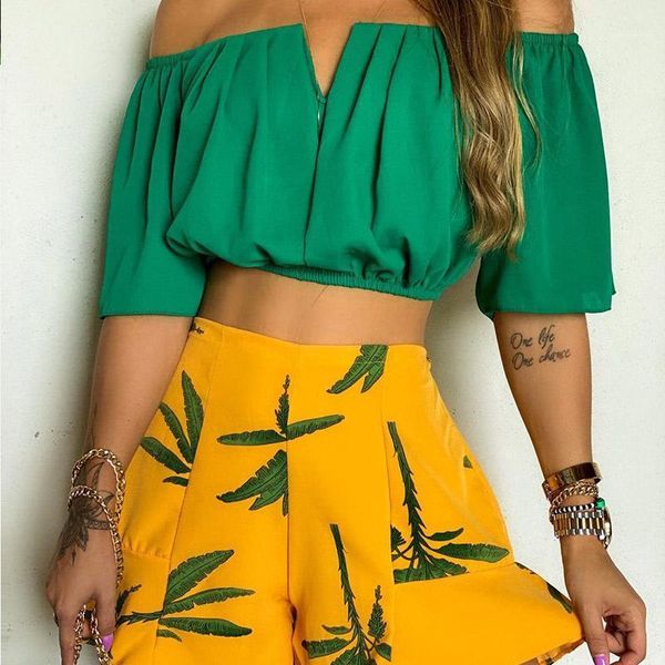 

women's tracksuits 2 piece shorts set for women 2021 summer boho off the shoulder half sleeve sets printing, Gray