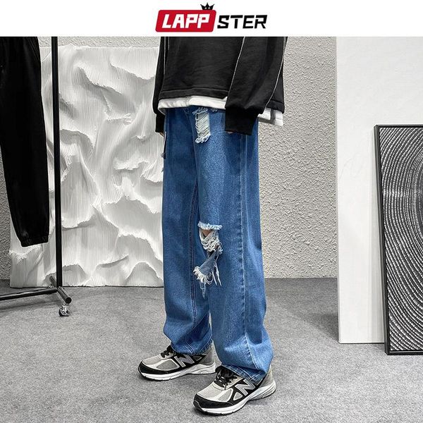 

men's jeans lappster men hole harajuku streetwear pants 2021 mens designer korean fashion denim trousers man baggy vintage jean jogger, Blue