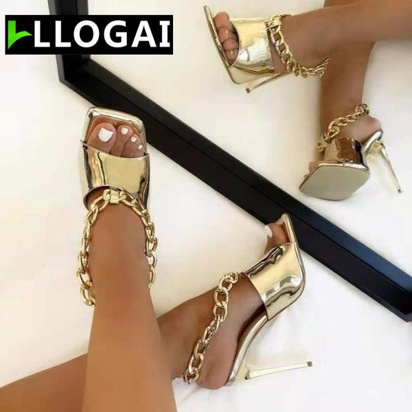 

sandals fashion solid style open toe heels 2021 women pumps gold chain strap square shoes slipper high, Black