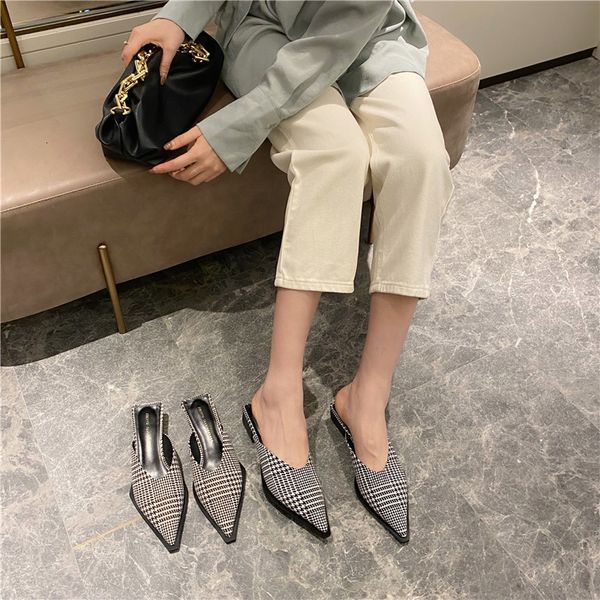 

slippers fashion women pointed toe slip on square black heels roman style casual beige slides mules shoes woman size 35-39 jvwh
