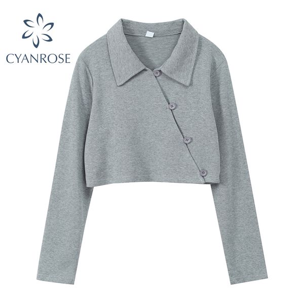

grey&black cropped cardigan crop tees streetwear loose long sleeve polo collar single breasted spring retro t shirt female 210417, White