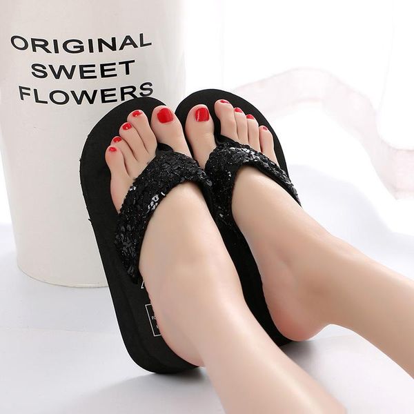 

slippers 2021 summer sequined flip flops wedges with thick-soled home beach shoes women, Black