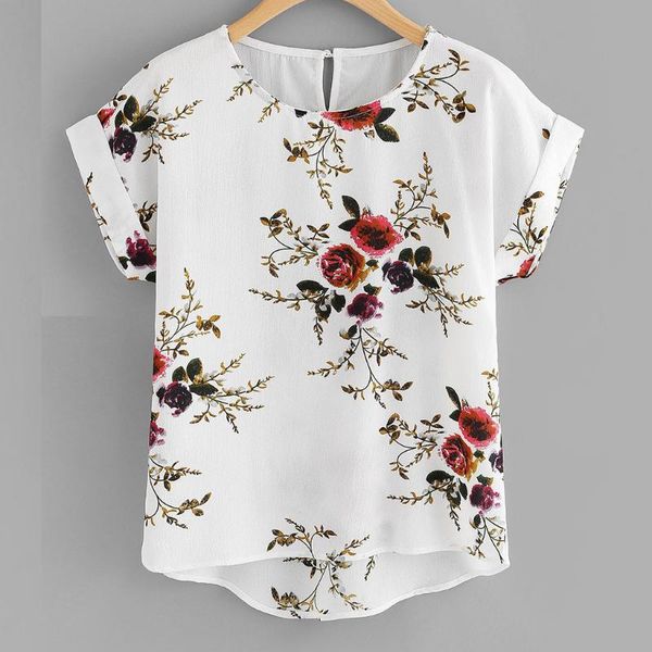 

women's blouses & shirts ladies o-neck floral print short sleeve shirt pullover, White