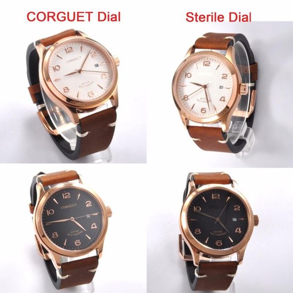 

wristwatches 42mm luxury brand sapphire crystal calendar dial leather gold case miyota 821a automatic mechanical men, Slivery;brown