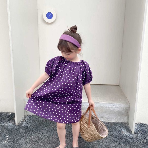 

girls summer loose dot dresses children clothes kids cotton puff sleeve princess dress 210615, Red;yellow