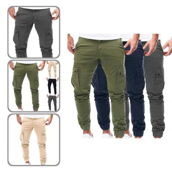 

men's pants streetwear stylish solid color men cargo ankle banded fall trousers multi pockets for going out, Black