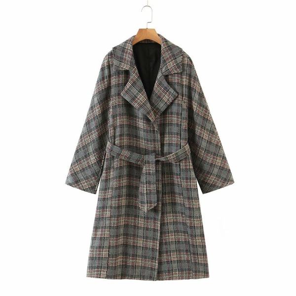 

women's wool & blends puwd vintage women oversize sashes woolen coats 2021 autumn fashion ladies v neck plaid loose long coat girls chi, Black