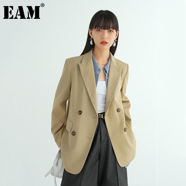 

women's suits & blazers [eam] women double breasted yellow blazer notched long sleeve loose fit jacket fashion tide spring autumn 2021, White;black