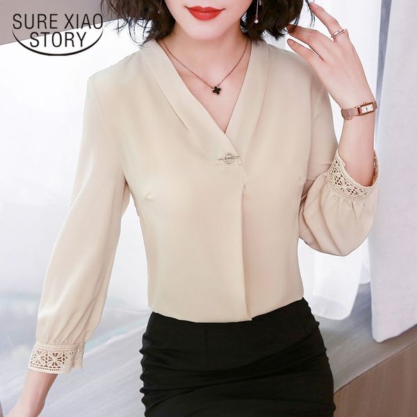 

chiffon v-collar blouse patchwork spring wear plus size womens and blousse female shirt blusas 1951 50 210415, White