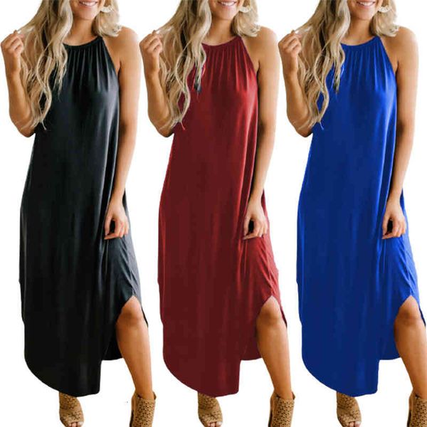 

women spaghetti strap dress split loose pure color summer dresses female fashion clothing, Black;gray