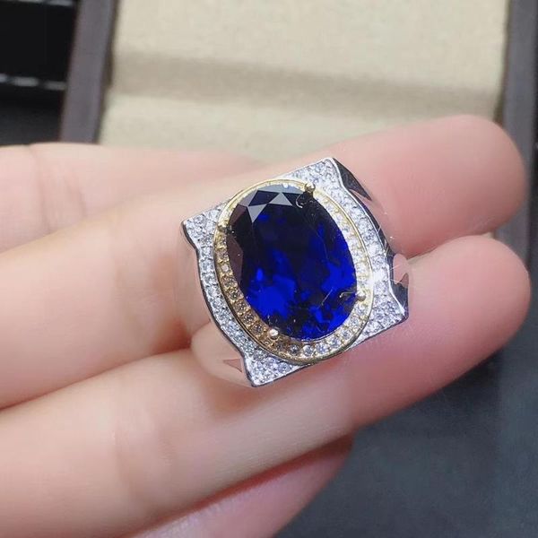 

cluster rings mdina exquisite royal blue sapphire gemstone ring for men natural gem good cut 925 sterling silver birthday gift big size, Golden;silver