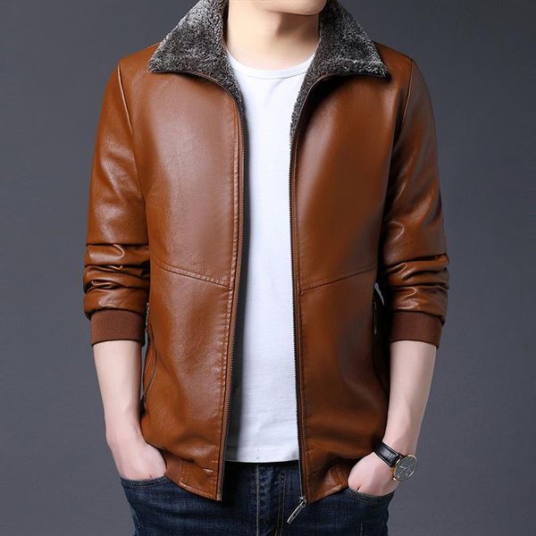 

lapel leather jacket winter slim locomotive men fur men's collar thickened plus velvet & faux, Black