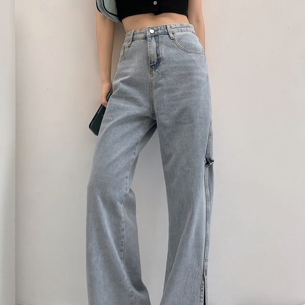 

women's jeans ripped jeans women's spring and summer loose, straight, thin, high-waisted, wide-legged trousers 7m66, Blue