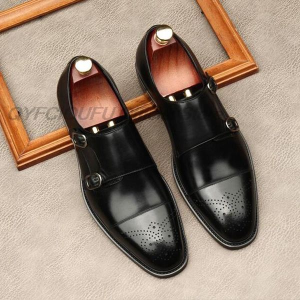 

luxuy shiny mens loafer shoes genuine leather black slip-on buckle shoes monk strap wedding party new shoes dress for men