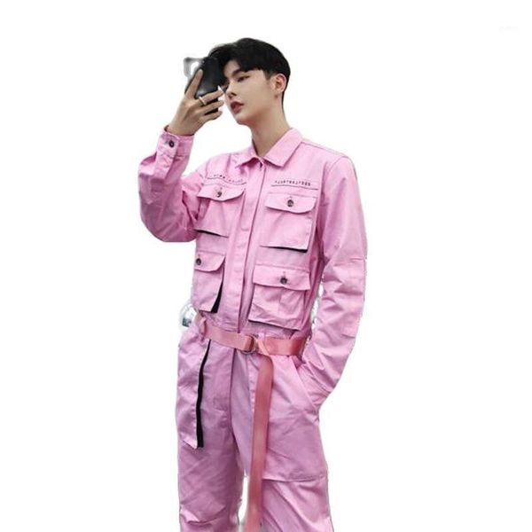 Erkek Eşofman Moda Pembe Siyah Çok Cepler Tulumlar Erkekler Kargo Çalışma Uzun Pantolon Hip-Hop Erkek Japonya Tarzı Vintage Slim Fit Tulum Rom