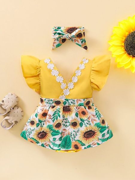 

baby floral print contrast guipure lace ruffle trim dress she, Red;yellow