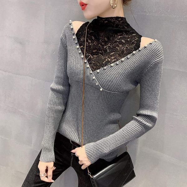 

women's sweaters #6247 black grey white spliced lace turtleneck sweater women tight and pullovers hollow out korean fashion, White;black