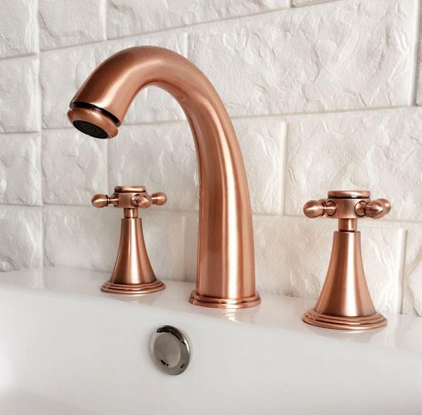 

bathroom sink faucets antique red copper brass deck mounted dual cross handles widespread 3 holes basin faucet mixer water taps mrg038