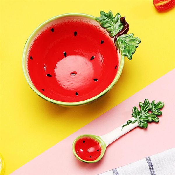 

300ml creative ceramics salad fruit dessert bowl watermelon pineapple design kid cake snack rice with spoon tableware bowls