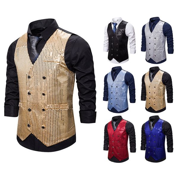 

fashion vest men's stage costume sequined double breasted, Black;white