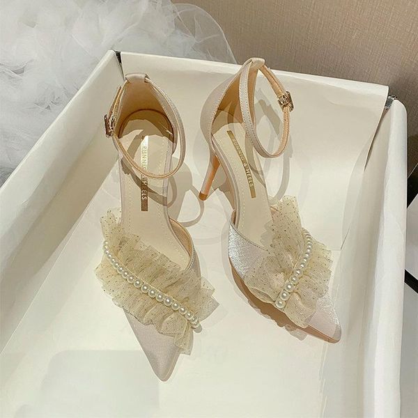 

dress shoes women high heel pumps summer wedding 2021 satin temperament pearl lace flower casual shoe sandals, Black