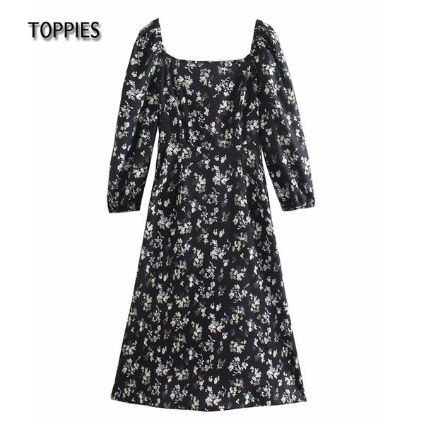 

square collar party dresses women long sleeve midi dress floral printing elegant vestidos 210421, Black;gray