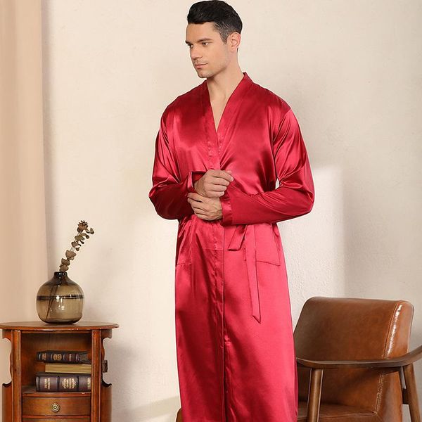 

men's sleepwear spring autumn robe gown silk satin loose kimono bathrobe full sleeve v-neck casual with pocket nightwear, Black;brown