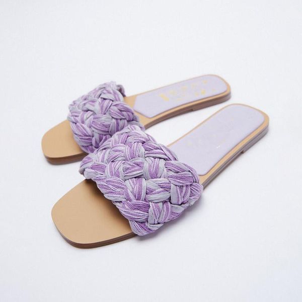 

slippers women's woven square-toe flat outer wear summer 2021 purple open-toe large size one-word sandals, Black