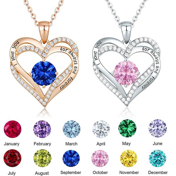 

heart pendant necklaces 12 months silver/rose gold chain diamond sparkling pink/red/blue/purple/green color clarity for women jewelry neckla