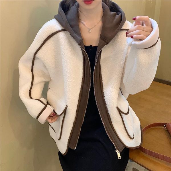 

women's jackets cmaz 2021 autumn winter thick coats for women japanese imitation lamb wool patchwork sweater fake two-piece hoode, Black;brown