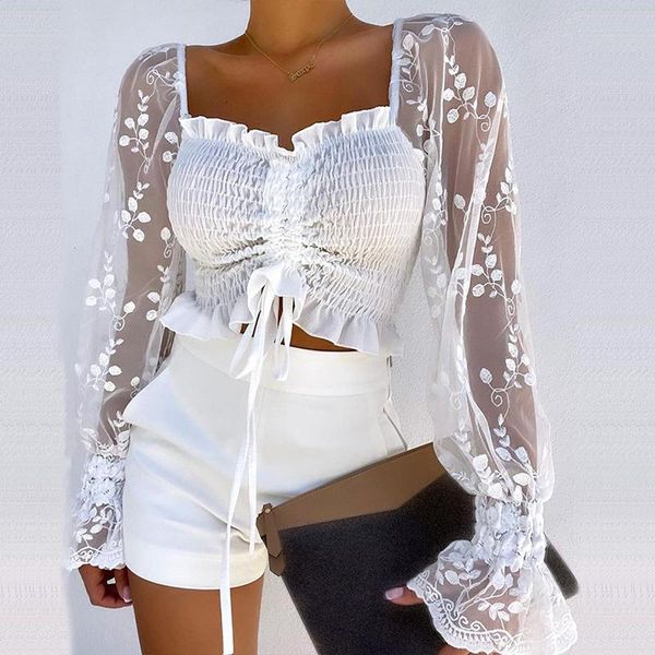 

women's blouses & shirts autumn long sleeve drawstring pullover elegant floral print women off shoulder fashion square neck ruffle lady, White