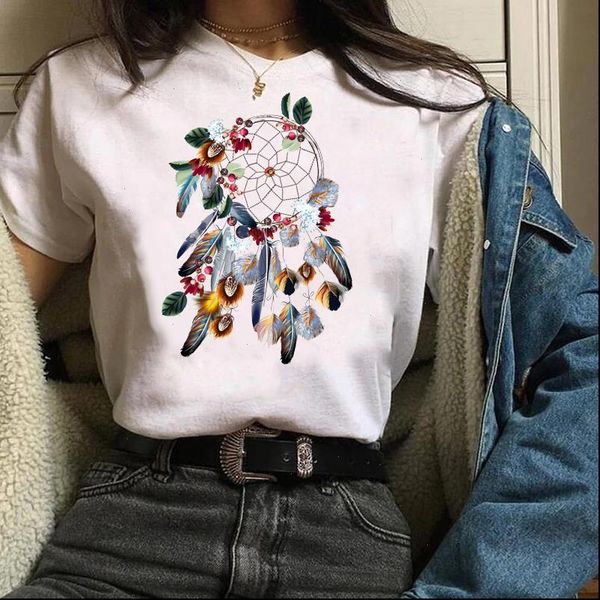 

clothes tees graphic feather women t shirt vintage elegant short sleeve flower floral clothing female womens, White