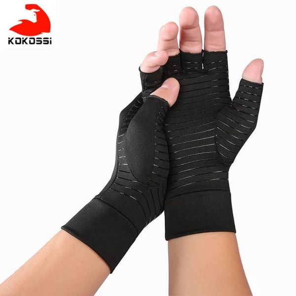 

kokossi 1 pair compression arthritis gloves for women men joint pain relief half finger brace therapy wrist support anti-slip, Black;red