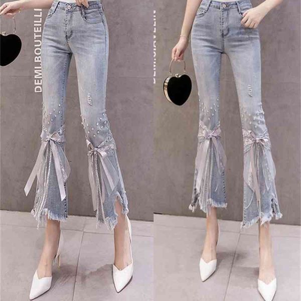

women's jeans sweet princess wind diamond bow ribbon jeans for women, Blue