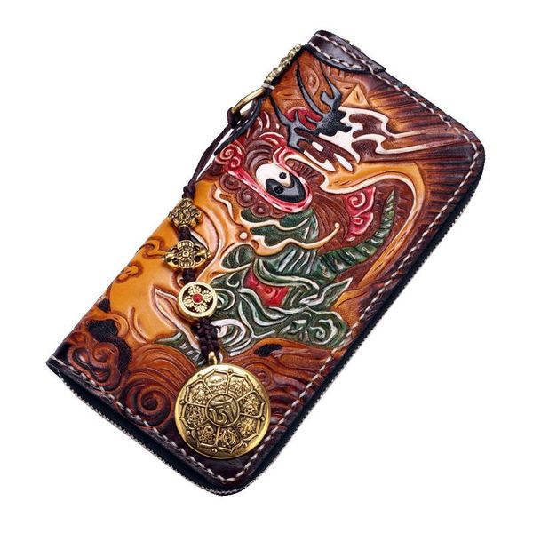 

wallets handmade men genuine leather hand engraving purses women clutch vegetable tanned wallet year's gifts, Red;black