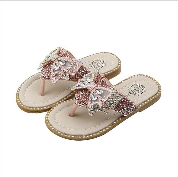 

girls slippers size 21-35 2021 summer kids bowknot pearl pinch toes flip flops princess sequins sandalias for teenagers slipper, Black;grey