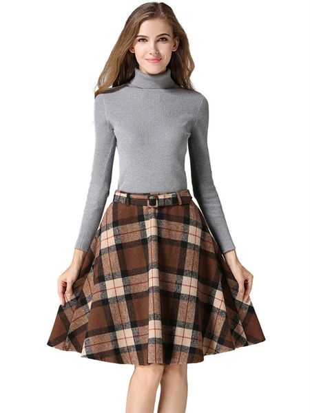 

women's casual high waisted belt invisible zipper closure slim winter autumn woolen check print plaid tartan a-line skirt skirts, Black