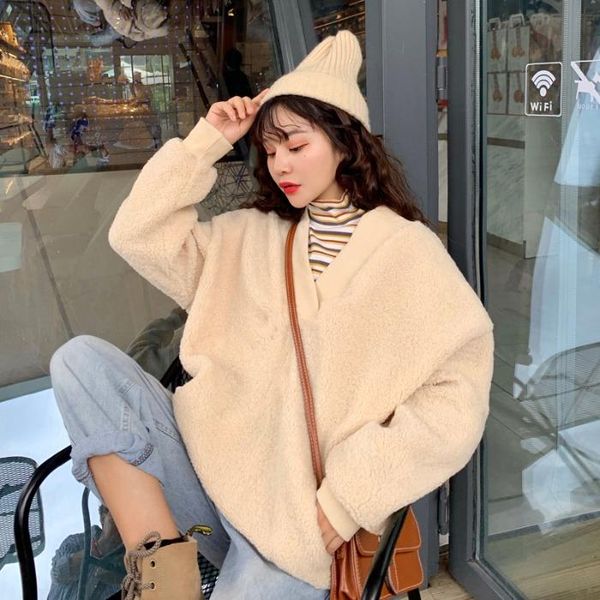 

autumn all-match pullover women plus velvet thickening v-neck pocket lamb jacket casual fashion ladies women's hoodies & sweatshirts, Black