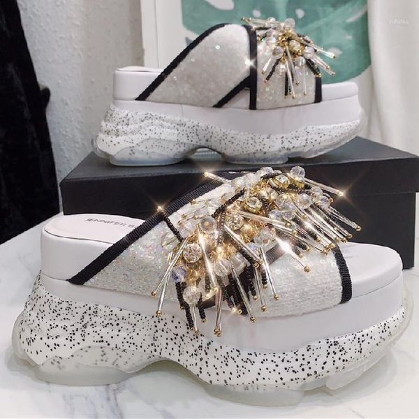 

slippers prova perfetto fashion rhinestones comfortable sandals crystal genuine leather woman shoes thick bottom gold scarpe donna estive1 5, Black