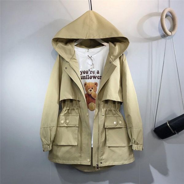 

women's trench coats windbreaker womens 2021 spring autumn korean street loose casual waist female hooded mid-length tooling jacket tre, Tan;black