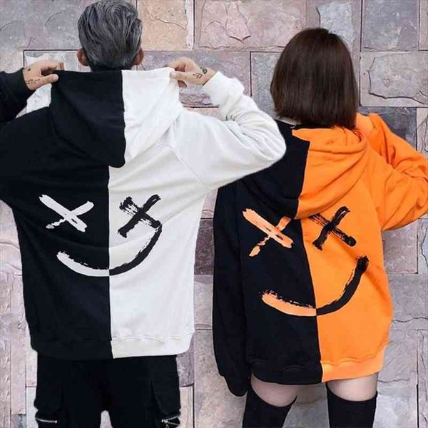 

women smile printied hoodies hip hop patchwork couple pullovers korean fashion loose long sleeve casual sweatshirts, Black
