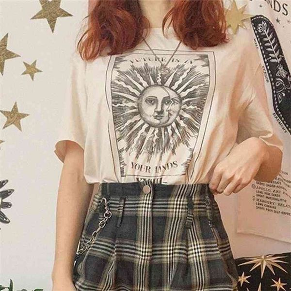 

tarot cards printed casual loose t shirt women beige vintage fashion grunge streetwear style aesthetic shirt 210401, White