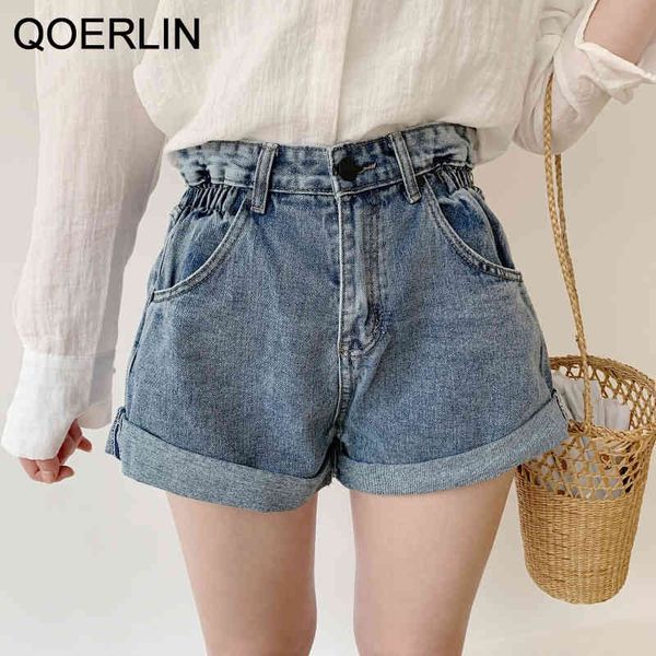 

qoerlin bud elastic waist shorts women short denimblack high waist shorts plus size 5xl ruffles zipper solid summer beach 210416, White;black