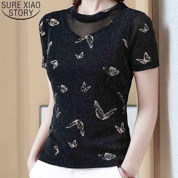 

women summer short sleeve t-shirts thin shirt spliced mesh round collar fashion elegant camisetas 9159 50 210417, White
