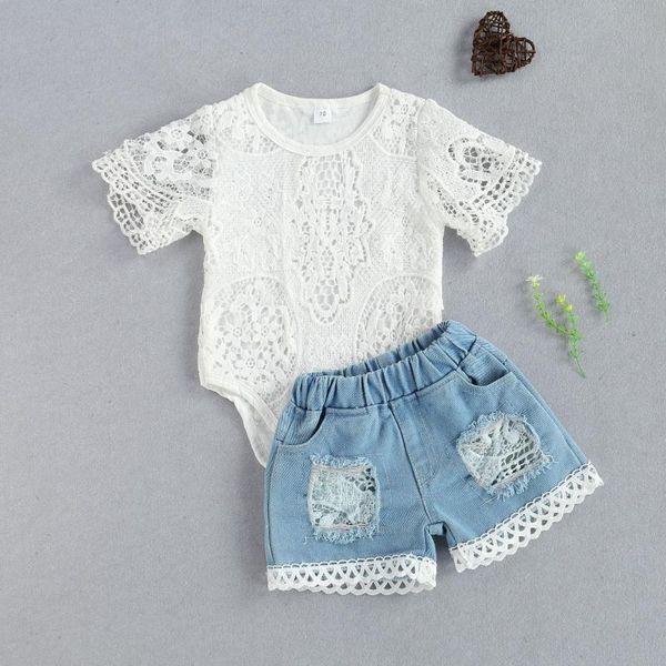 

clothing sets summer fashionable baby girls 2pcs outfit round collar short sleeve hollow lace romper + ripped denim shorts set, White