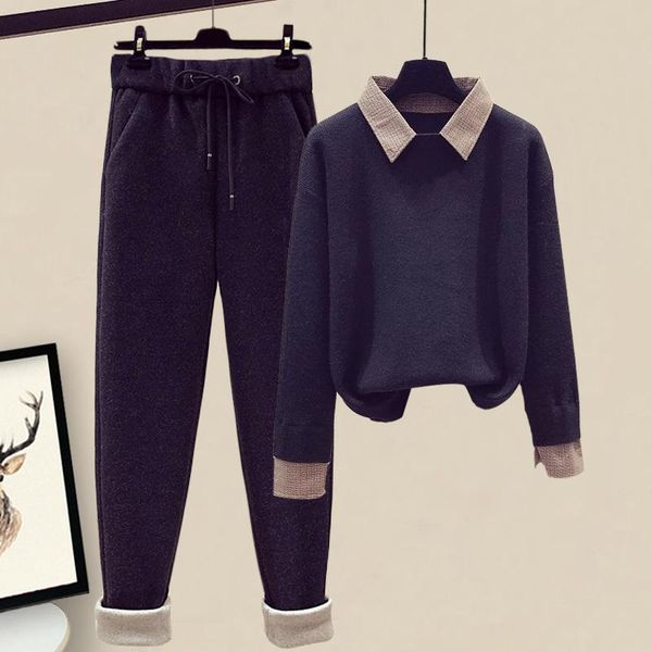 

women's two piece pants women 2022 autumn winter fashion suits female matching suit sweater + wool sets pullover lady casual outfits g4, White