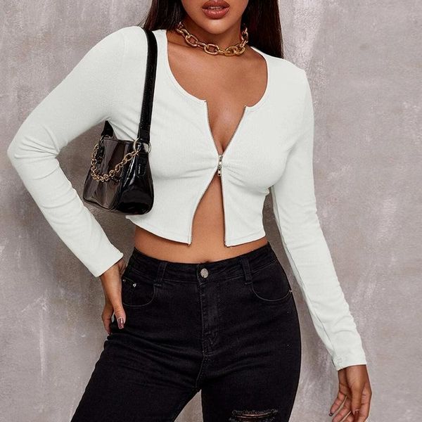 

women's t-shirt retro lapel double zipper slim temperament knit sweater cropped solid colors thin coat y2k long-sleeved cardigan crop t, White